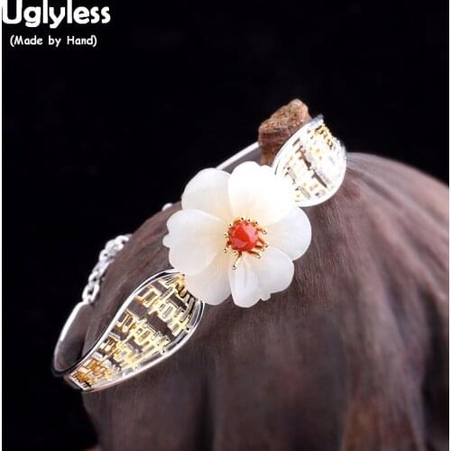 Uglyless Chinese Double XI Hollow Wide Rings for Women Natural Jade Flowers Open Rings Real 925 Sterling Silver Floral Jewelry
