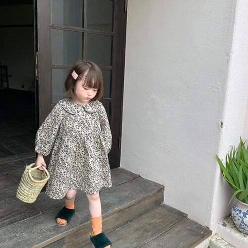 8410 Korean Girls Dress Spring And Autumn 2021 New Long Sleeve Baby Casual Dress Peter Pan Collar Lovely Girl Clothes