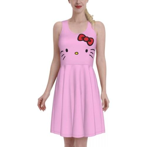 Hello Cat 2 Women Dress Summer 2021 Sexy O Neck anime Girl’s Gift Print Beach Dress Sleeveless Mini Dress