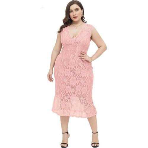 Women Pink Lace Sexy Deep-V Dress Plus Size Elegant XL-4XL XXL XXXL 3XL XXXXL Party Evening Cocktail Fat Mother Of Bride Dresses