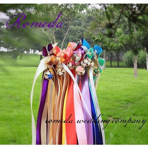 FREE SHIPPING--50pcs of 3 satin ribbon Wedding Wands,Wedding Confetti Twiring Stream Ribbon Sticks Wands withBig colourful Bell