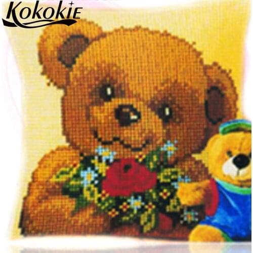 Handmade throw pillow bear printed cushion embroidery yarn needlework sets handicraft cross stitch set sales cotton pillowcase