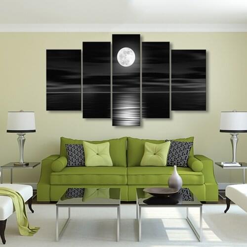 Canvas Wall Art 5 Pieces HD Prints Bright Full Moon Picture Modern Decorative Framed Home Living Room Decoration Paintings
