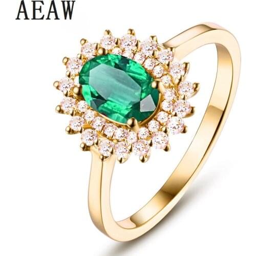 AAA Solid 14k Yellow Gold Lab Created Colombian Emerald Engagement Ring Cluster Setting with Moissanite for Women Fine Jewelry