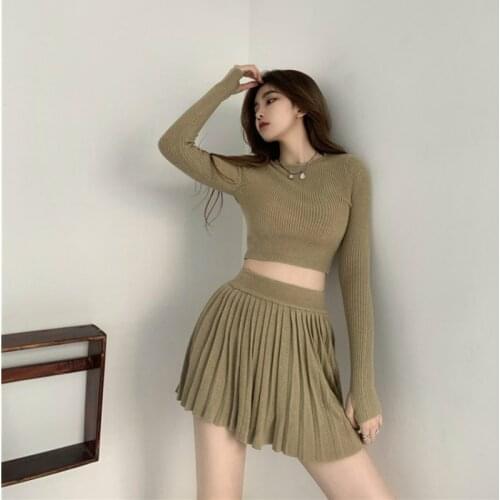 GUUZYUVIZ Knitted 2 Piece Set Women Long Sleeve O-neck Pullover Sweater Tops Ans HIgh Waist Mini Pleated Skirt Casual Women Set