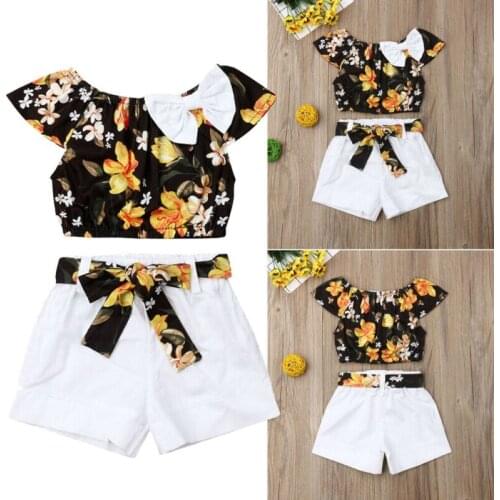 2PCs Summer Newborn Baby Kid Girl Outfits Flower Top T-shirt Solid Short Pant 1-5T