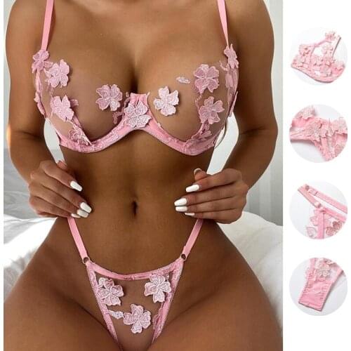 Pink Women Nightwear Sexy Lingerie Transparent Mesh Lace Floral Embroidered Erotic Underwear Bobydoll Gather Bra And Panty Set
