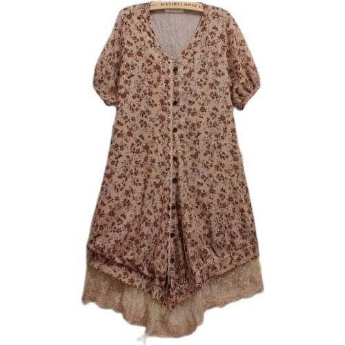 Forest Japanese floral print lace irregular cotton linen patchwork rockabilly roupas feminina robe longue femme summer dress