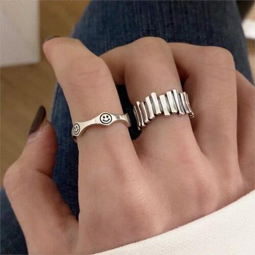 New Vintage Round Adjust Size Silver Color Lucky Smile Face Finger Rings For Women Korean Womens Hand Jewellery Gift