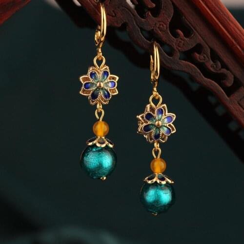 Original 2020 Vintage Green Cloisonne Flower Drop Earrings Retro Green and Orange Earrings for Women Gift Ethnic Jewelry