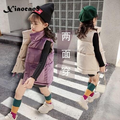 Autumn Winter Girls Reversible Down Cotton Vest Coat Kids Turtleneck Pockets Waistcoat Toddler Warm Clothes Children Outerwear
