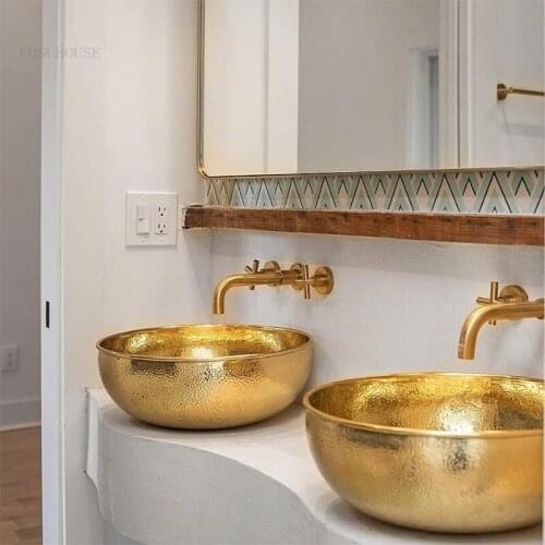 Luxury Retro Bathroom Sinks Golden Home Creative Washing Sink Minimalist Round Copper Bathroom Fixture Wash Basin Single Basin