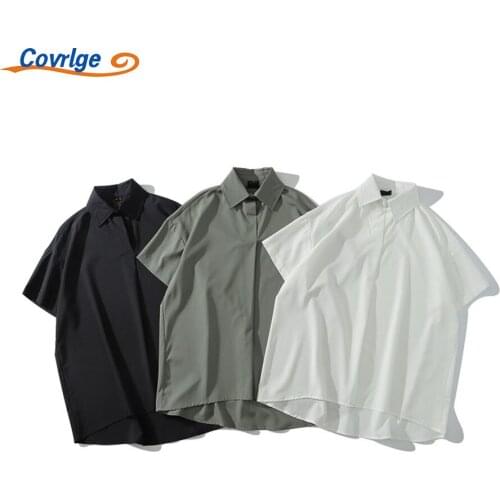 Covrlge New Short Sleeve Mens Shirt Summer Fashion Loose Solid Color Pattern Lapel Cardigan Daily Ice Silk Casual Top MCS162