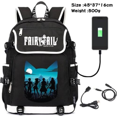 Anime Fairy Tail Teenager Backpack Boys Girls Packsack Canvas Cartoon Travel Schoolbag USB Charging Shoulders Laptop Bag Bookbag