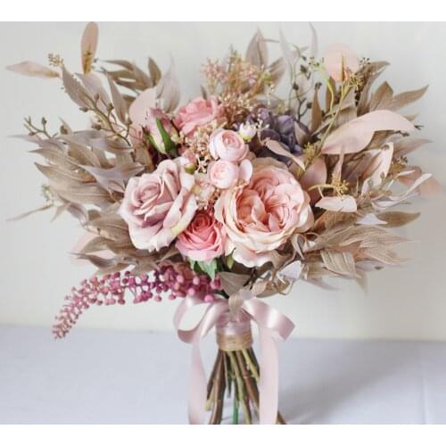 SESTHFAR Champagne&Pink Wedding flower Hand Bouquet Rose Real Ramos De Novia Artificial Rustic Peony Bridal Bouquets