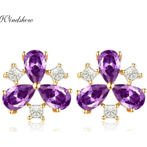 Three Clover Purple Crystal Stud Earrings for Women Luxury Gold Color Jewelry Aros boucle d'oreille Femme