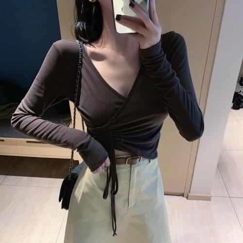 V-neck Strap Long Sleeve T-shirt Female Korean Harajuku Womens T-shirts Tops Japanese Kawaii Ladies Ulzzang Clothes For Women