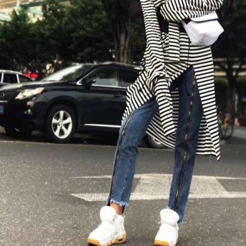 Hip Hop Streetwear New Harajuku Zip Womens Denim Pants Personalized Tide Slacks Punk Handsome Slim Fit Asymmetrical Jeans