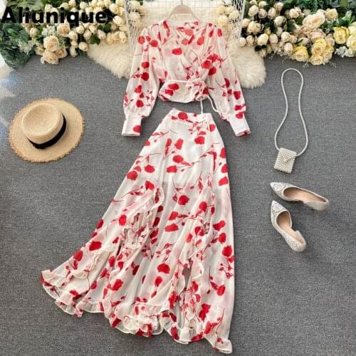 Aliunique New Sexy V-neck Printing Long Skirt Suit For Women 2021 Summer Fashion Bohemian Vacation Beach High Waist 2 pcs Set