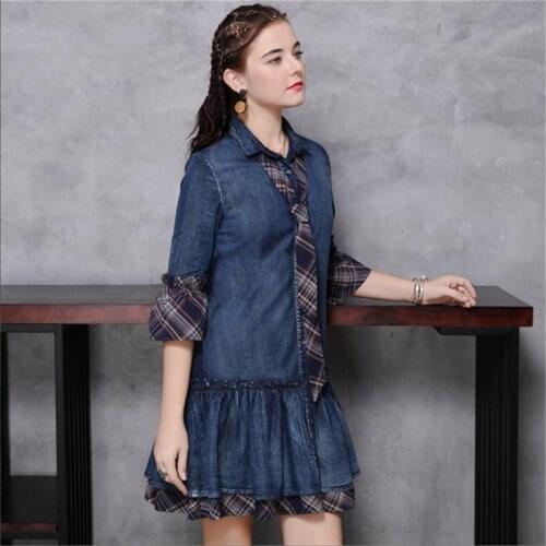 Womens Cotton Dress 2020 Summer Women Patchwork Denim Dresses Turn-down Collar Flare Sleeve Tie Vintage Vestidos Female