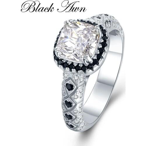 [BLACK AWN] 925 Sterling Silver Jewelry Wedding Rings for Women Black&White Stone Engagement Ring Femme Bijoux Bague C410