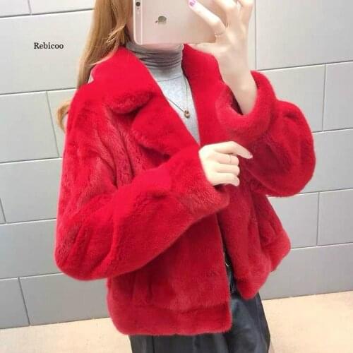 Winter Women Luxury Faux Mink Fur Short Jackts Office Ladies Elegant Red Fake Fur Jackets Slim Cardigan Snow Coats