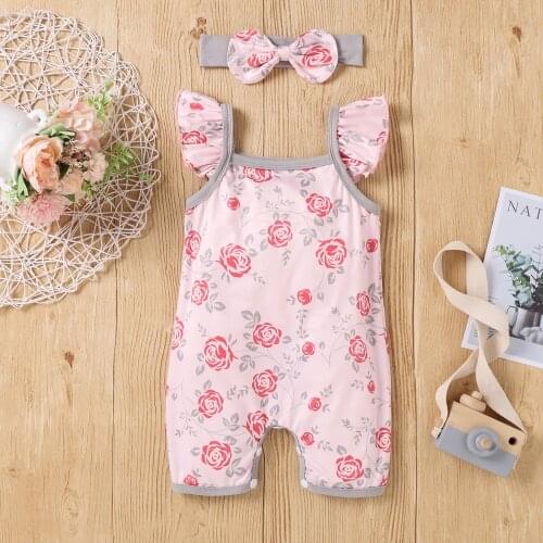 Toddler 2pcs Casual Romper Outfits Set Rose Print Baby Girls Fly Sleeve Jumpsuits + Bowknot Headband Summer Cotton Playsuit
