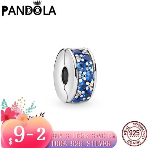 2021 new Sale Real 925 Sterling Silver Blue Pavé Clip Charms Beads Fit Original Pandora Bracelets DIY Jewelry Making For Women