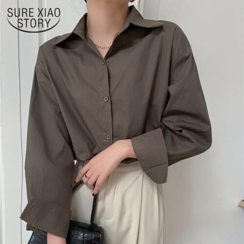 2021 Vintage Gray Spring Summer Shirt New Long Sleeve All-match Blouse Coat Women Loose Casual Fashion Solid Shirts Ladies 13169