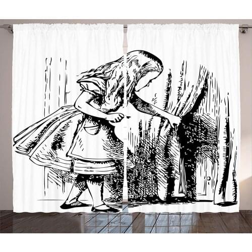 Alice in Wonderland Decorations Curtains 2 Panel Set Black and White Alice Looking Through Curtains Hidden Door Adventure Living