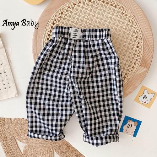 Amya Baby Spring Autumn Kids Pants Black White Plaid Unisex Boys Girls Trousers Christmas Infant Leggings