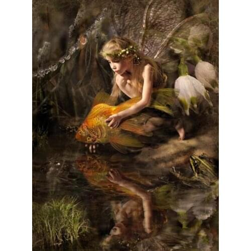 Free shipping classical elves gril letting them goldfish oil painting canvas prints on canvas wall art decoration picture