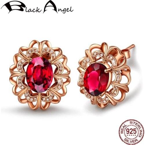 BLACK ANGEL 925 Silver Luxury Ruby Stud Earrings For Women 18K Rose Gold Red Birthstone Ear Jewelry Dropshipping Wedding Gift
