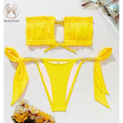 Peachtan Diamond bikini set Bandeau swimwear female String swimsuit women Solid bathing suit Sexy 2 pieces set biquini 2021 new