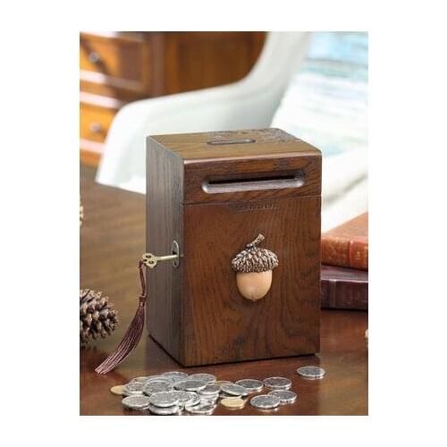 Creative solid wood coin banknotes portable piggy bank children large storage box gift double opening Pine cone and Acorn