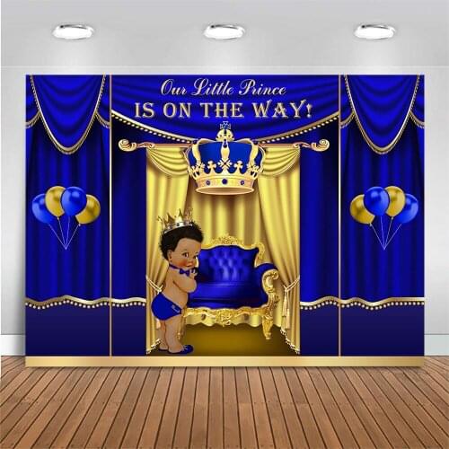 Mocsicka Baby Shower Backdrop Photography Little Prince Royal Blue Curtains Crown Boy Birthday Background Photo Studio Balloons