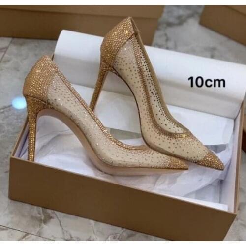 Moraima Snc Pointed Toe High Heel Shoes Sexy Crystal Embellished Party Wedding Heels Thin Heels Mesh Grid Woman Shoes
