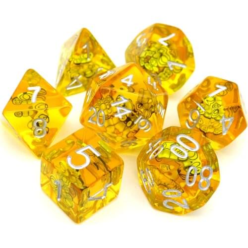 Haxtec Filled Resin Dice Set 7PCS Polyhedral RPG Dice Yellow Orange for DND D&D Dice Pathfinder-Honey Bee
