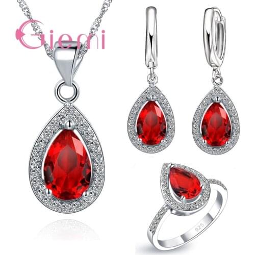 Fashion Water Drop Shap 925 Sterling Silver 3 Color Crystal Necklace Earring Rings Jewelry Sets for Women Girl Gift