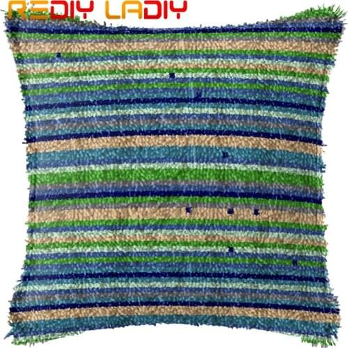 Latch Hook Cushion Blue Green Stripe Printed Canvas Cushion Front Acrylic Yarn Crochet Pillow Case Kits Sofa Pillow Home Decor