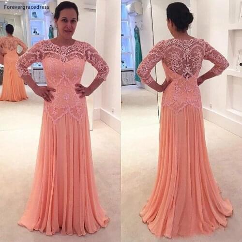 2019 Peach Mother of the Bride Dresses A Line Long Sleeves Formal Godmother Evening Wedding Party Guests Gown Plus Size