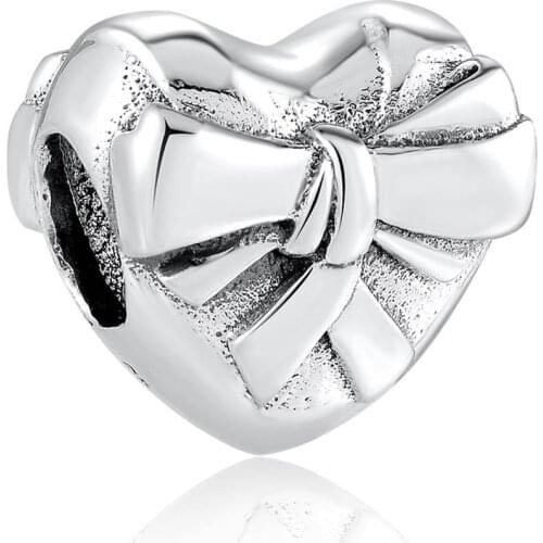 Authentic S925 Silver Bead Heart Bow Charm fit Lady Bracelet Bangle DIY Jewelry