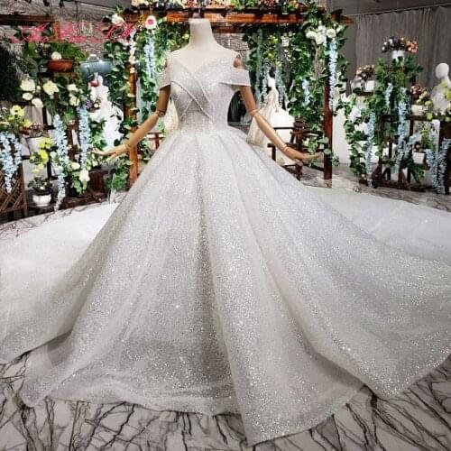 AnXin SH Luxury princess white lace sequins silvery boat neck lace up long sleeveless ball gown wedding dress 100% real photo