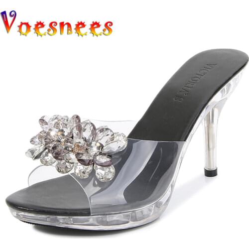 9cm Crystal Slippers Fine High Heel Transparent Summer Sandals Women Slippers Sexy Comfortable Beaded Beach Shoes Woman silver