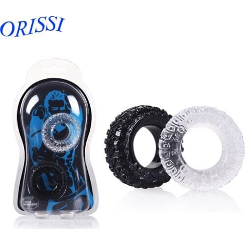 ORISSI 2Pcs/Set Tire Type Silicone Delay Ejaculation Cock Rings Black/Transparent Sex Toys for Men Penis Rings Sex Cockring