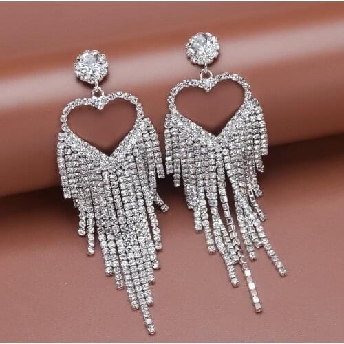 TREAZY New Crystal Rhinestone Hollow Heart Tassel Drop Earrings for Women Hanging Big Statement Earrings Long Wedding Earings