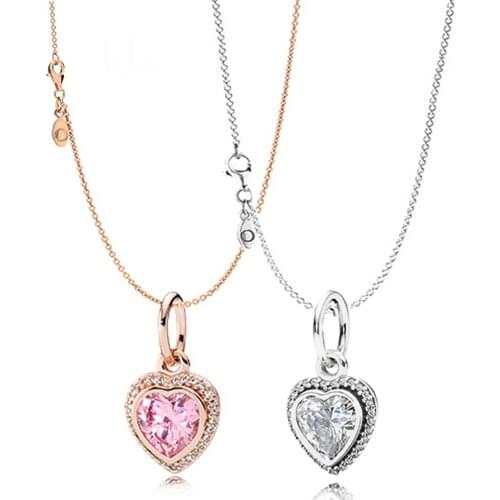 High Quality 100% S925 Silver 1: 1 Glamour Original Rose Gold Pink Shine Love Pendant Eternal Heart Zircon Pendant Necklace