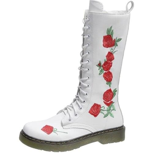 Lady Platform Zip Shoes Womens Knee-length Boots 2021 Winter New Embroidered Retro Women Boots Handmade Flower Motorcycle Boots
