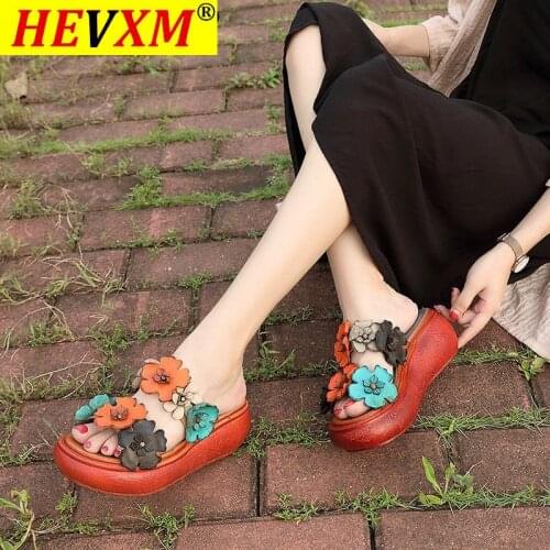 2021 Female Flower Slippers Genuine Leather Shoes Original Handmade Slides Flip Flop On Thick Platform Women Vintage Slippers