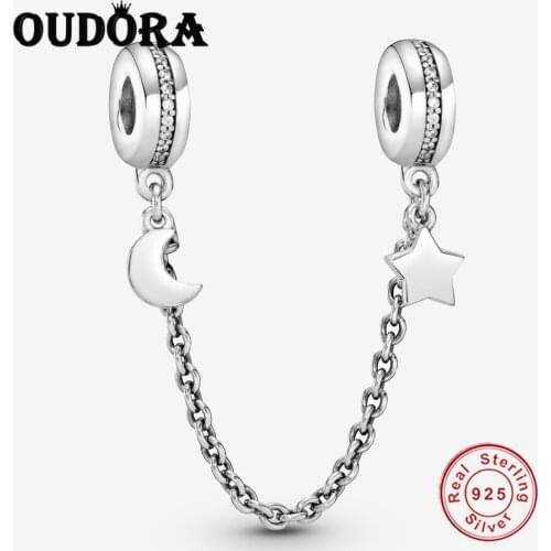 Fit Original Pandora Bracelet Charm 925 Sterling Silver Half Moon & Star Safety Chain Charm Women Jewelry Berloque
